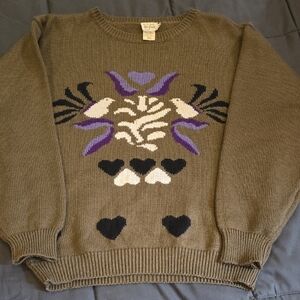 Vintage Knit Sweater with Heart and Bird Design
